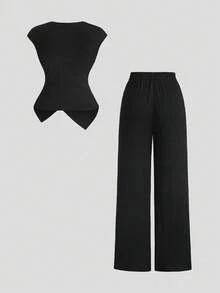 SHEIN PETITE 春夏新款简约休闲V领无袖金属扣装饰收腰不对称下摆T恤和直筒舒适休闲裤两件套，适合娇小女性，黑色 - 黑色 - 查看 2