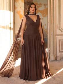Aureia Plus Size Elegant Shiny Mesh V-Neck Ruched A-Line Dress With Detachable Neck Strap,Brown Winter Dinner Evening Luxury Gowns For Women Wedding Party - Brown - View 4