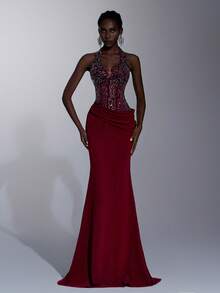 Elitara Đầm maxi cổ chữ V sang trọng, thanh lịch màu đỏ tía, thêu ren đính sequin, eo xếp ly, chân váy đuôi cá, thích hợp cho các buổi hẹn hò, kỳ nghỉ, tiệc độc thân, đám cưới, các sự kiện trang trọng nhân dịp tựu trường, đa năng. - Màu Đỏ Sâu - Xem 2