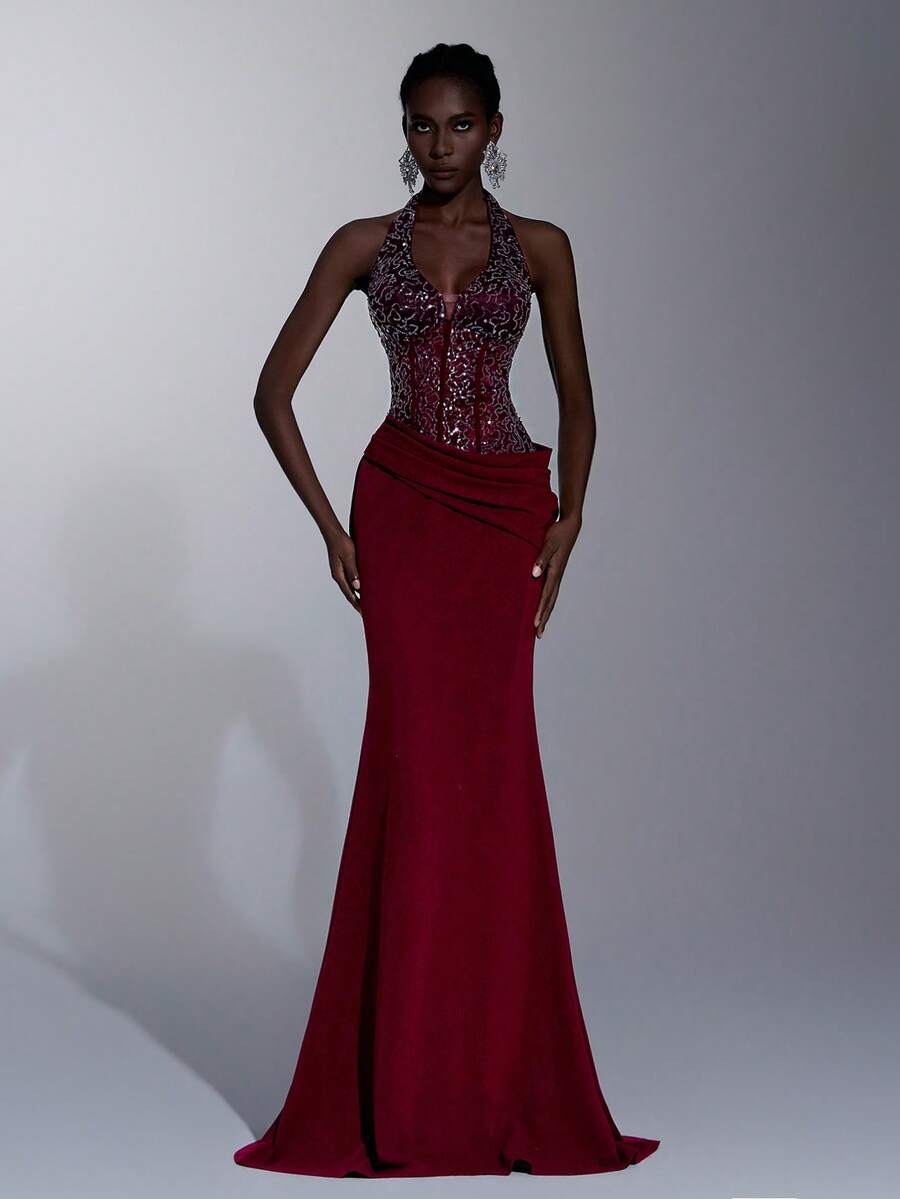 Elitara Đầm maxi cổ chữ V sang trọng, thanh lịch màu đỏ tía, thêu ren đính sequin, eo xếp ly, chân váy đuôi cá, thích hợp cho các buổi hẹn hò, kỳ nghỉ, tiệc độc thân, đám cưới, các sự kiện trang trọng nhân dịp tựu trường, đa năng.