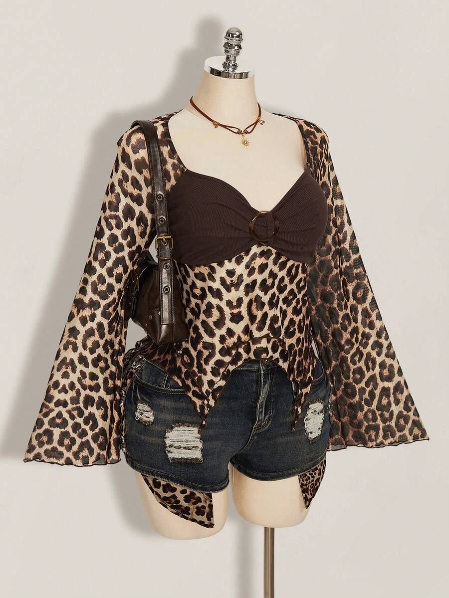 SHEIN ICON 大码女式豹纹拼接喇叭袖时尚上衣 - 彩色 - 查看 1