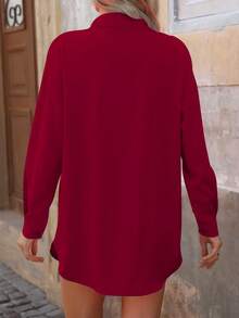 EMERY ROSE Solid Color Long Sleeve Loose Casual Summer Versatile Shirt - Burgundy - View 2