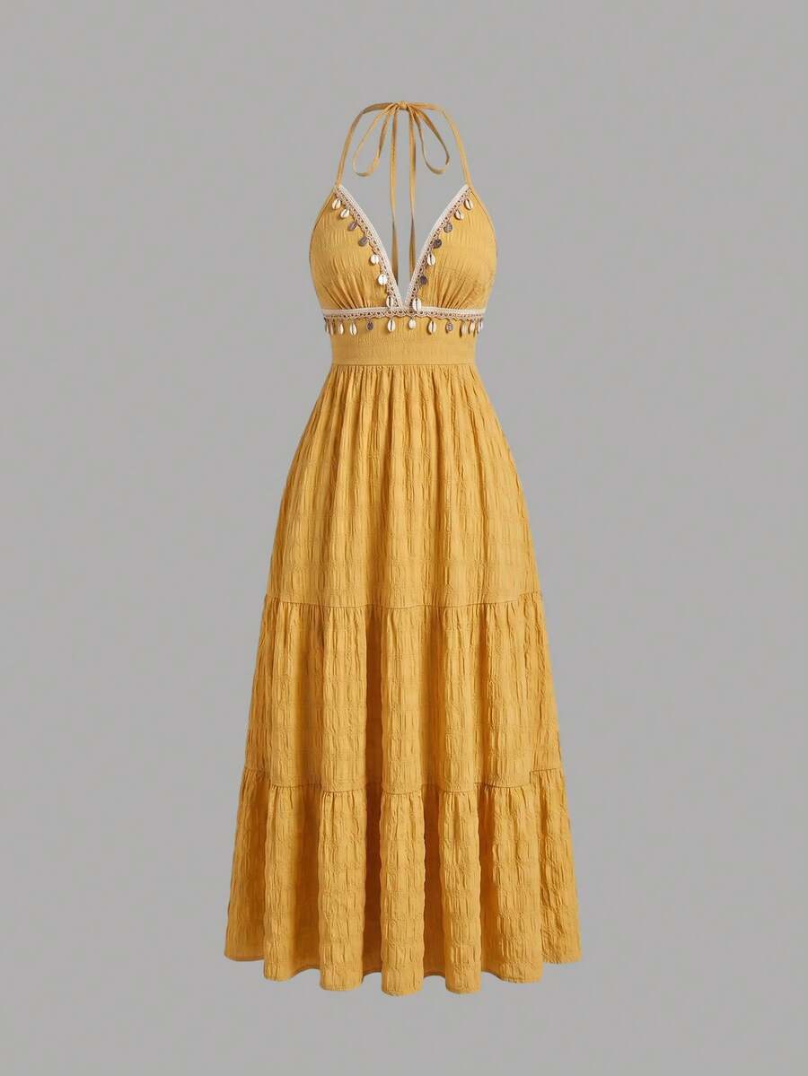 SHEIN Sweetro Vestido bohemio de tirantes finos amarillo, vestido largo fluido con cuello en V y volantes en capas, vestido de playa y vacaciones de verano - Amarillo - Ver 1