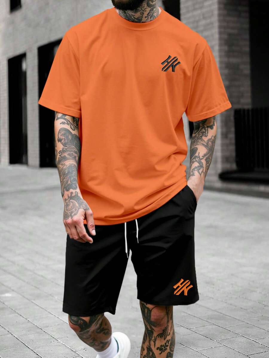 Manfinity Homme Setelan Kaos dan Celana Pendek Kasual Pria dengan Bordir Huruf, Musim Panas - MultiWarna - View 1