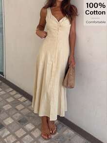 Siren Gaze Summer Elegant Pastal Dress For Women, Sleeveless V Neck Button Front Ruched Bust A-Line Maxi Dress, Holiday Brunch Golf Wedding Guest Outfits - Apricot - View 6