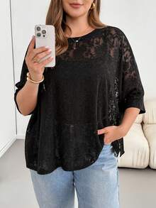 Shapeblank Top Preta Transparente de Manga Curta Básica, Versátil, Confortável e Folgada para Uso Diário, Ideal para Mulheres Plus Size em Looks Casuais de Primavera/Verão, Saídas e Férias, Estilo Simples - Preto - Visão 9