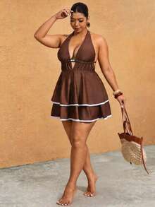 Elaquor Conjunto de Maiô Frente Única Franzido em Cor Sólida para Mulheres Plus Size com Calcinha Tipo Triângulo, Adequado para Férias de Verão e Praia - Café - Visão 1