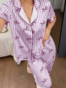 Napfluff Striped Bow Print Contrast Trim Women Pajama Set - Purple - View 4