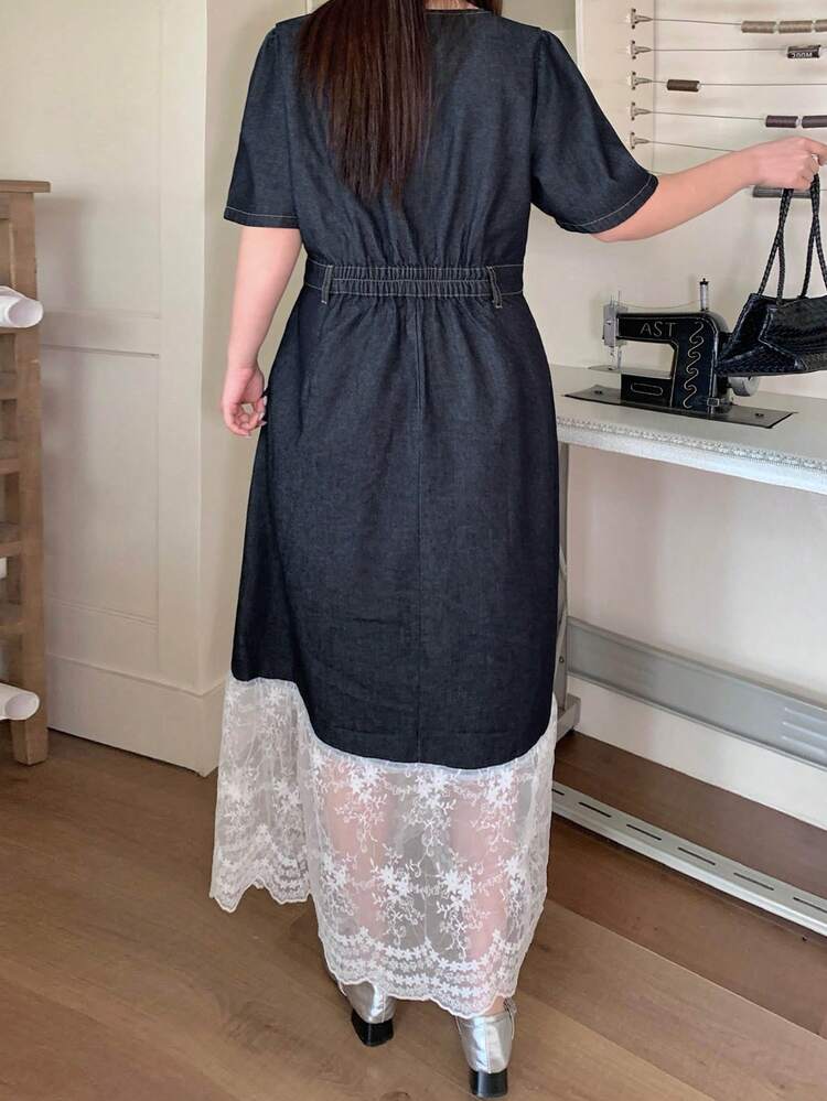 Dazy Plus V-Neck Dark Washed Blue Short Sleeve Contrast Lace Elegant Long Casual Denim Dress, Spring/Summer Sun Dresses For Women
