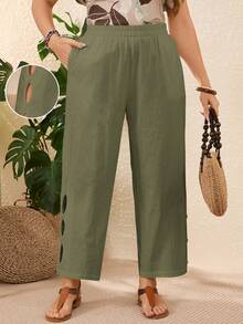 Rosumi Plus Size Vacation Casual Solid Color Hollow Out Pants,Summer Outfits For Women,Vacation Outfits Woman - Army Green - View 9