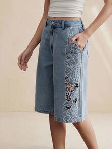 Anewsta Jeans rectos casuales azules de mujer para primavera/verano, de moda lujosa, sexy, con bordado floral hueco y romántico para fiestas y vacaciones - Azul - Ver 4