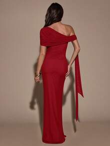 SHEIN BAE 女士时尚优雅褶皱鱼尾下摆单肩系带连衣裙 - 紅色 - 查看 2