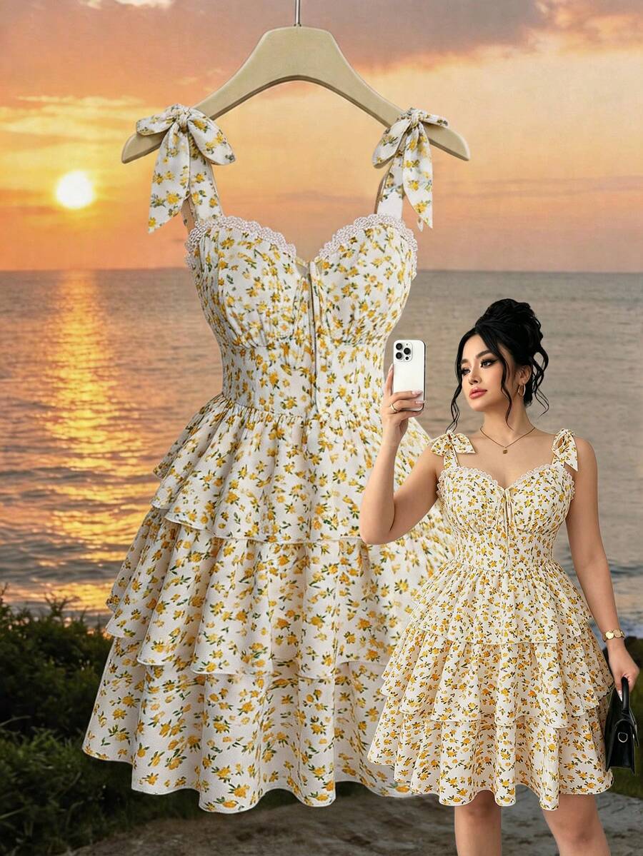DreamSkyne Plus Size Charming White Floral Random Print Straps Mini Dress Tiered Layered A Line Sleeveless Boho Cute Kawaii Ruffle Hem Summer Dress Vacation - Multicolor - View 1