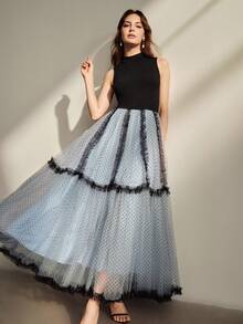 Anewsta Spring/Summer New Elegant Retro Polka Dot Mesh Splice Stand Collar Sleeveless Ruched Long Dress For Women, Suitable For Party, Vacation - Multicolor - View 1