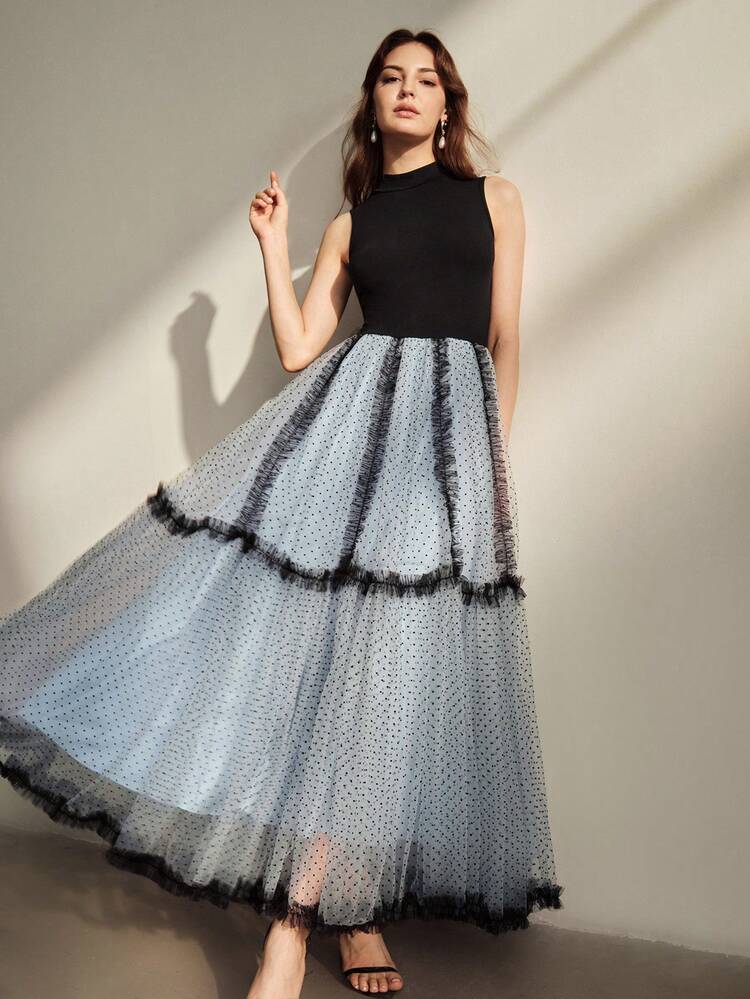 Spring/Summer New Elegant Retro Polka Dot Mesh Splice Stand Collar Sleeveless Ruched Long Dress For Women, Suitable For Party, Vacation