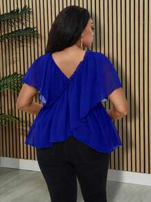 Villa Velisse Plus Size Elegant Solid Color Ruffle Trim Blouse, Summer Spring Wedding Guest Gym Party Brown - Blue - View 2