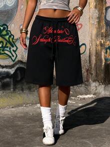SHEIN Muchic Quần short Bermuda dáng rộng cạp thấp in chữ mới dành cho nữ mùa hè. - màu đen - Xem 4
