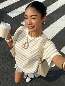 Muchica 休闲复古清新撞色条纹印花圆领宽松T恤，女款，适合夏季、户外、街头风、机场、运动健身、时尚、海滩度假、音乐节、假期、Y2K风格。 - 彩色 - 查看 4