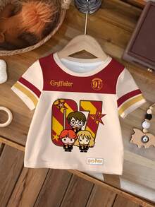 HARRY POTTER X SHEIN Áo thun ngắn tay cổ tròn in chữ hoạt hình cho bé trai, kiểu dáng thường ngày, đa năng. - trắng - Xem 1