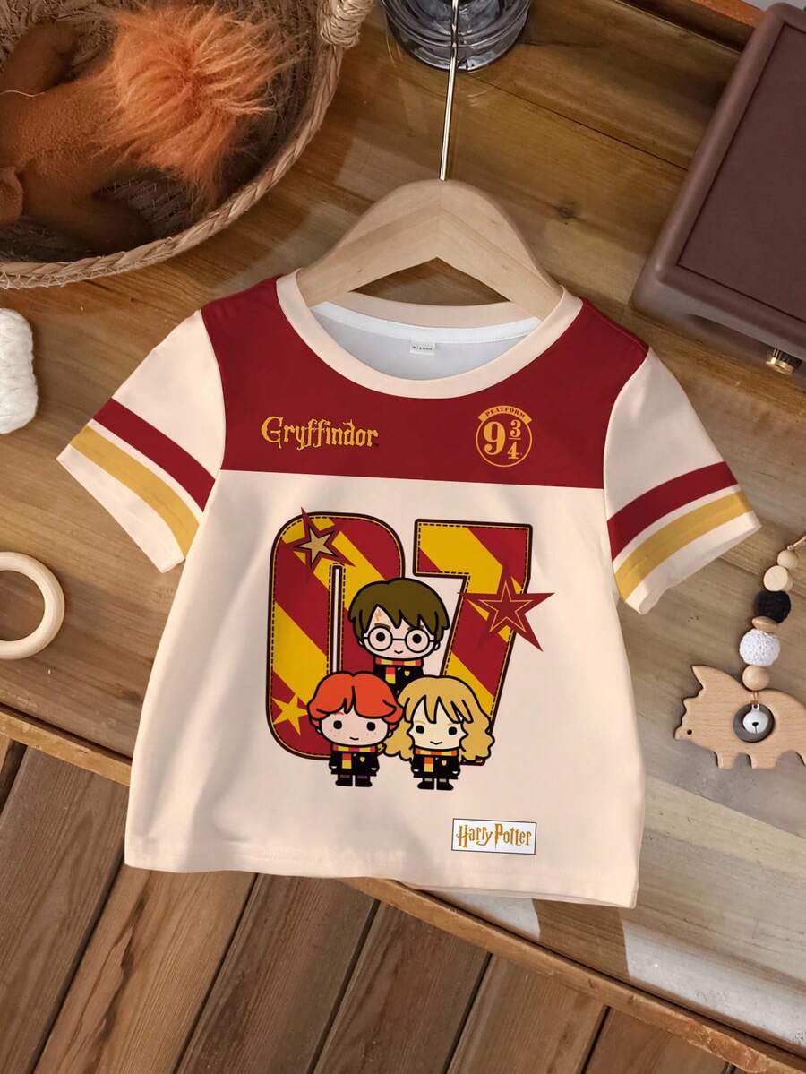 HARRY POTTER X SHEIN Áo thun ngắn tay cổ tròn in chữ hoạt hình cho bé trai, kiểu dáng thường ngày, đa năng. - trắng - Xem 1