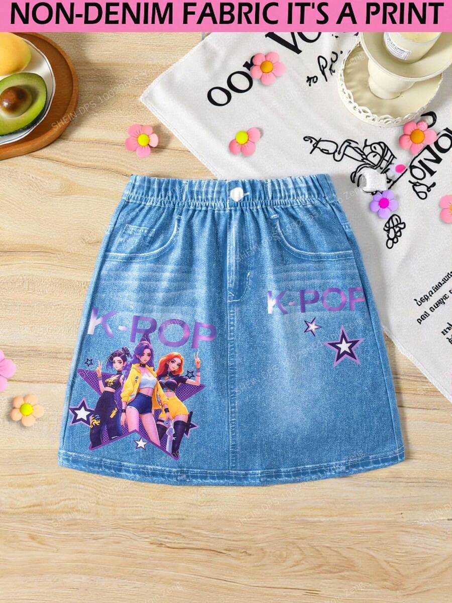 SHEIN Young Girl' Casual Denim Effect Letter & Cartoon Character Print Skirt - Blue - View 1