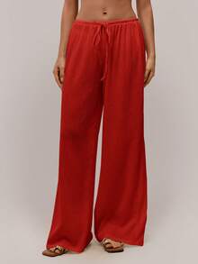 Avantive Women's Casual Solid Color Minimalist Drawstring Pants - Red - View 3