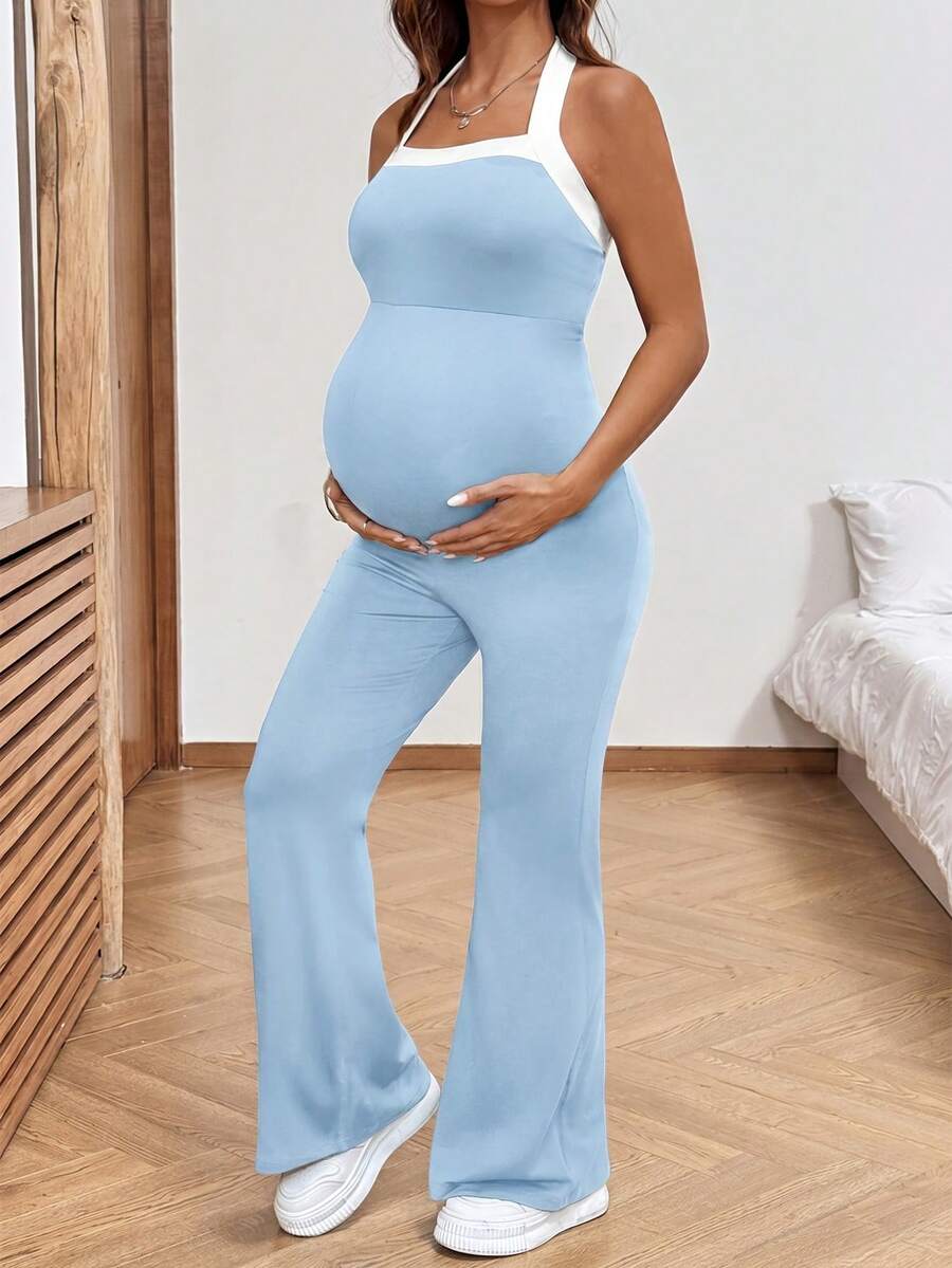 SHEIN Maternity Contrast Color Halter Backless Sleeveless Fitted Breathable Jumpsuit - Baby Blue - View 1