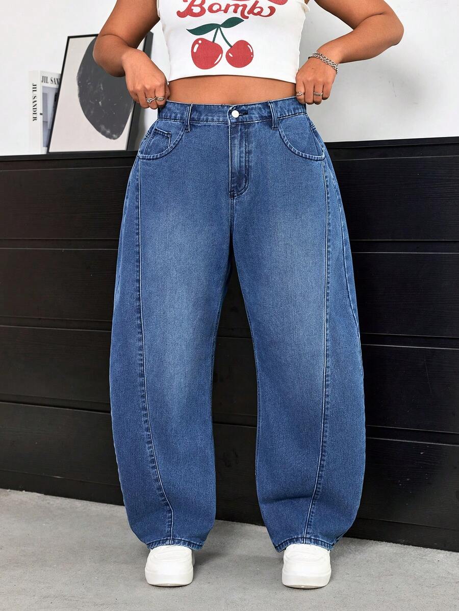 SHEIN ICON 大码女式口袋纽扣休闲百搭日常牛仔裤 - 藍色 - 查看 1