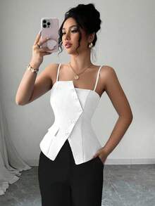 Elenzga 2025 New Blue Asymmetric Design Fashionable Versatile Commuting Casual Cinched Waist Camisole - White - View 2