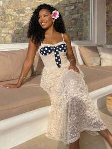 BamGleam 新款Y2K夏季性感波西米亚波浪点状吊带蕾丝拼接高腰修身连衣裙 - 淡黃色 - 查看 3