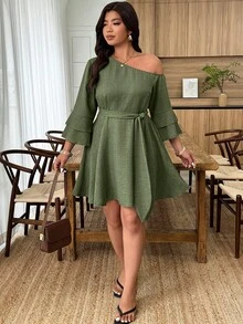 Plus Size Blue Asymmetrical Shoulder Ruffle Sleeve A-Line Casual Dress Fall - Army Green - View 3