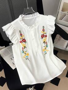 SHEIN Franclia Áo kiểu nữ mùa hè phong cách Pháp, cổ tròn, viền bèo nhún, tay ngắn, thêu họa tiết, dáng rộng, lửng, đa năng, màu trắng. - trắng - Xem 1