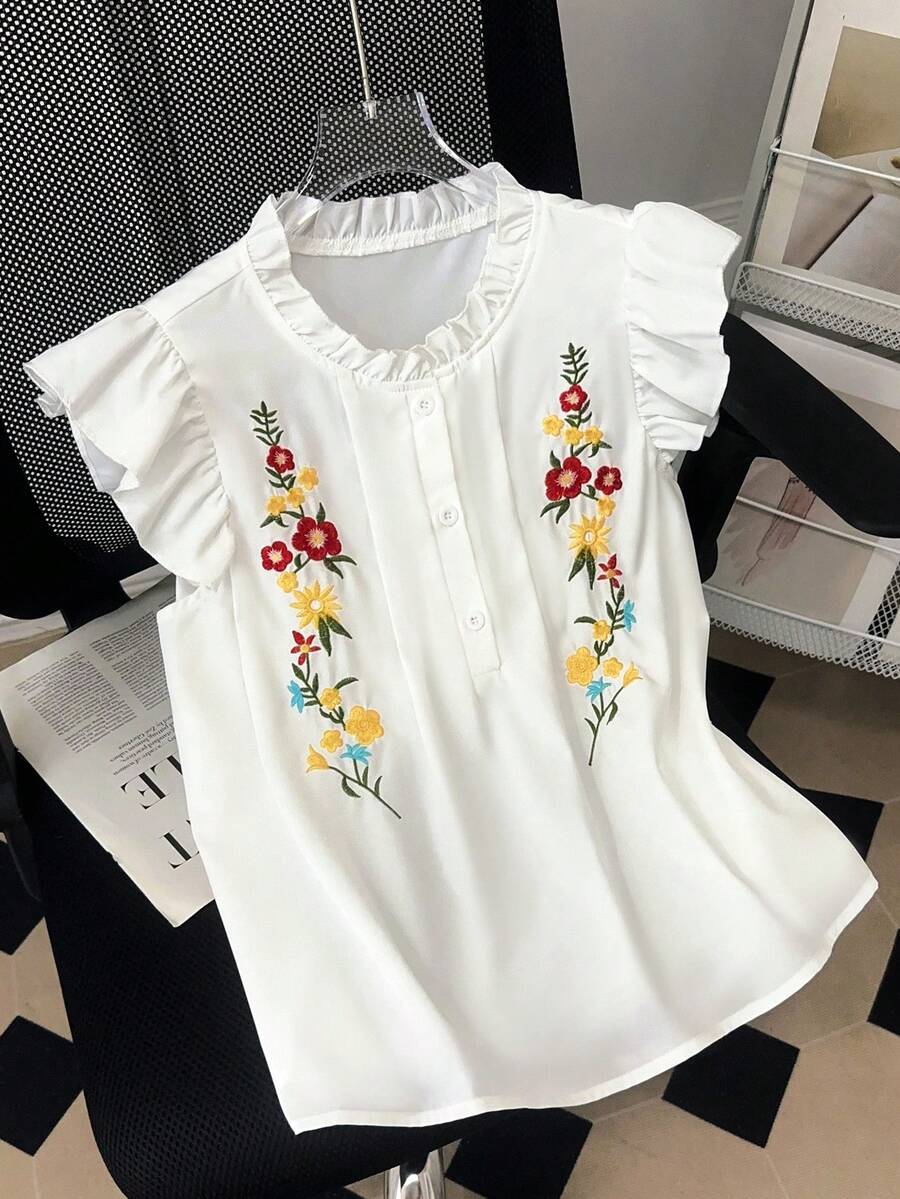 SHEIN Franclia Áo kiểu nữ mùa hè phong cách Pháp, cổ tròn, viền bèo nhún, tay ngắn, thêu họa tiết, dáng rộng, lửng, đa năng, màu trắng. - trắng - Xem 1