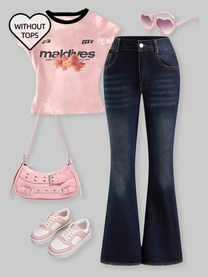 New Fashion Personalized All-Season Versatile Blue Vintage Washed Flared Hem Design Elastic Waist Denim Jeans For Girls
