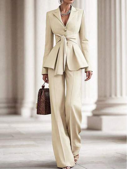 Ellegaria. Women's Solid Color Minimalist Daily Wear Long Sleeve Top And Pants Suit