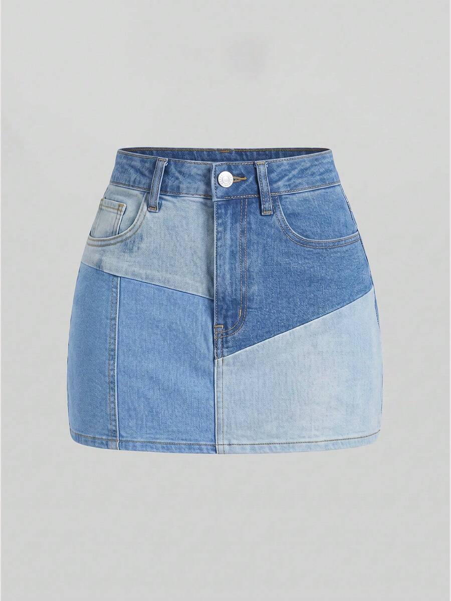 Sweetra Chân váy ngắn denim phối màu tương phản, kiểu dáng thường ngày dành cho nữ, có túi, thích hợp cho mùa hè. - Nhiều màu - Xem 1