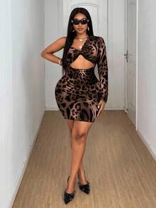 Maweii Plus Size Women Leopard Print Hollow Out Twist Mini Dress Fall - Brown - View 4