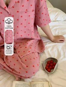 Dazy Plus Heart Print Turndown Collar Loose Pajama Set, Includes Top And Pants - Coral Pink - View 1