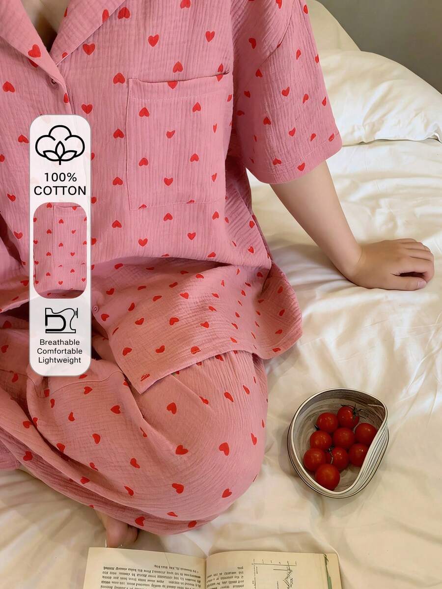 Dazy Plus Heart Print Turndown Collar Loose Pajama Set, Includes Top And Pants - Coral Pink - View 1