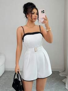 Selianne 女士夏季撞色滚边无袖连体衣 - 杏色 - 查看 8