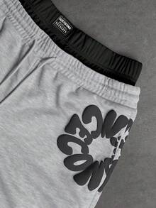 Manfinity Homme Pantalones cortos deportivos casuales de verano para hombres con estampado de letras y cordón - Gris - Ver 4