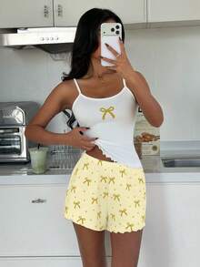 ZzzCrew Sexy Slim Fit Bow Print Camisole & Shorts Pajama Set - White - View 3