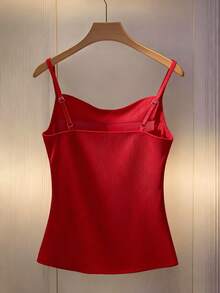 SHEIN LUNE 性感修身深V领吊带背心，侧边褶皱装饰纽扣，时尚女装 - 紅色 - 查看 2