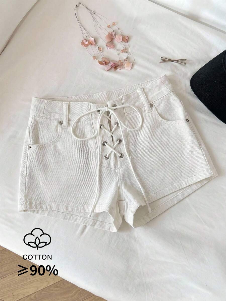 Elamini Women's Casual Versatile Daily Wear Denim Shorts With Pockets And Tie Design - White - View 1
