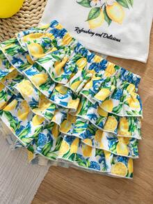 Emery Rose Kids 两件套女童针织纯色休闲T恤和梭织花卉荷叶边短裤套装 - 彩色 - 查看 10