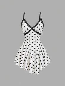 SHEIN Sweetro Đầm ngắn nữ phối ren chấm bi - Màu be - Xem 1
