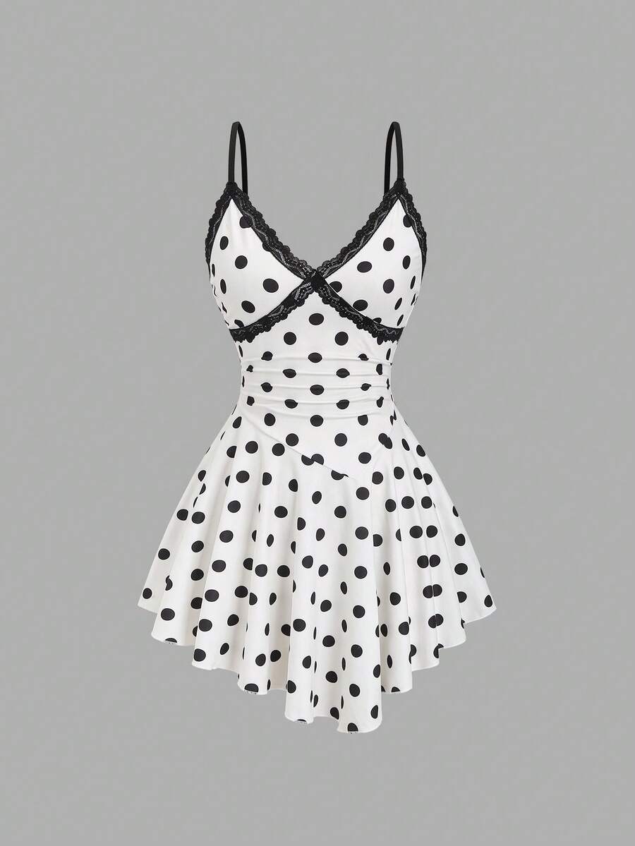 SHEIN Sweetro Đầm ngắn nữ phối ren chấm bi - Màu be - Xem 1
