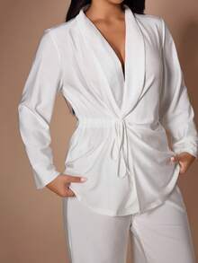 Lazeform Plus Size Women's Sleepwear Set With Tie Design Robe And Pants - White - View 7