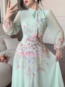 Modelyn Tie-Waist Ruched Placement Print Flared Long Sleeve Dress For Women - Pastel Green - View 8