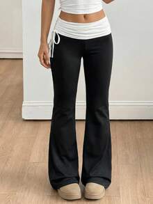 Tween Girls' Color Block Twist Ruched Casual Flare Pants, Versatile For Daily Wear,Kids - Black and White - View 4